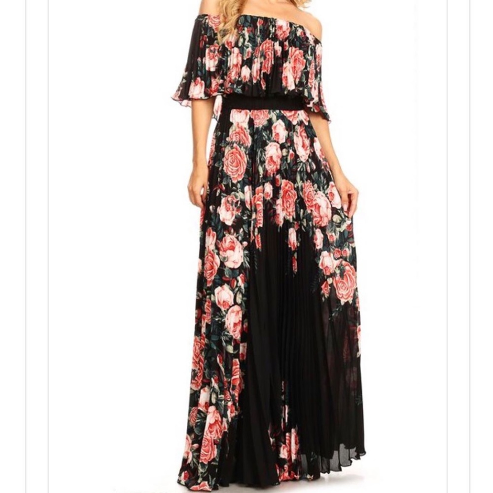 Strapless Black and Pink Floral Maxi
